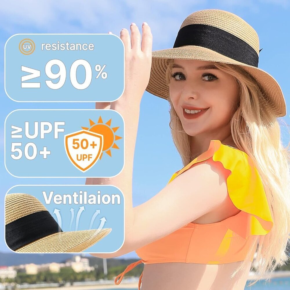 Beach Sun Hats for Women, Straw Hat for Women UPF 50+ UV Sun Protection Summer H - Picture 2 of 8